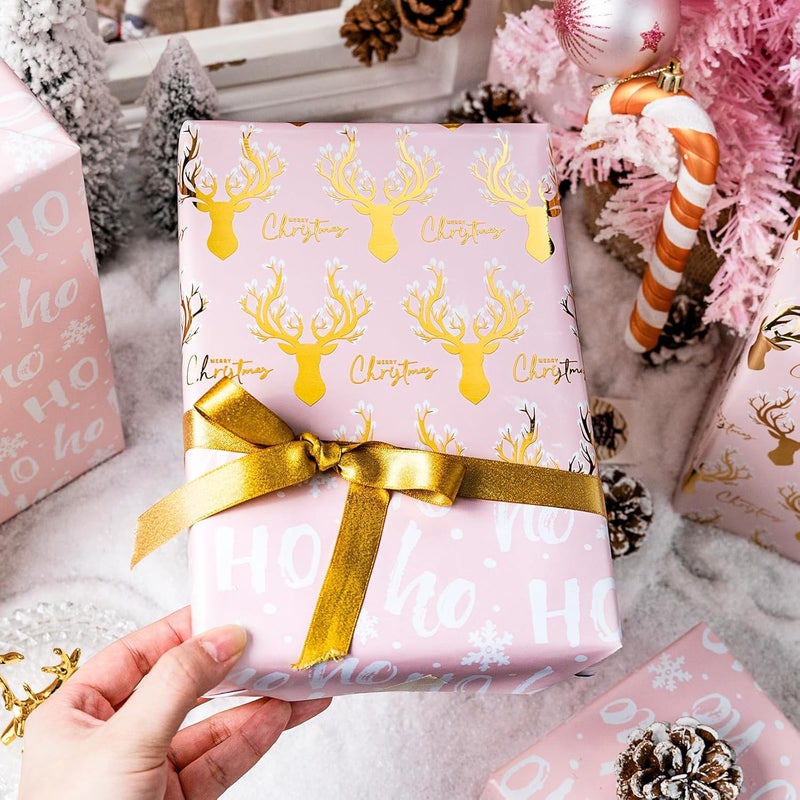 Yarcony Christmas Wrapping Paper, Girly Pink Wrapping Paper, Reversible Elegant Pink and Gold Reindeer Girl Christmas Gift Wrap with Metallic Shine for Winter Holiday (Mini Roll, 17 Inch X 33 Feet) - Image 2